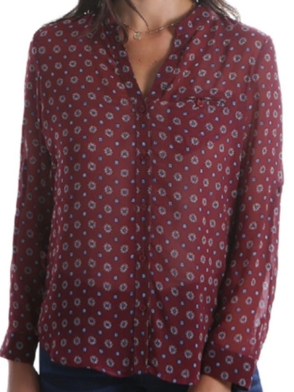 KUT from the Kloth Jasmine V-Neck Button Down Maroon Tunic Top. Size Medium.
